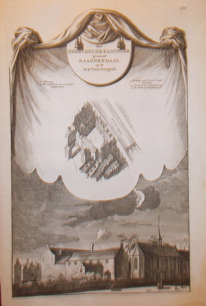 antique print (prent) - Het Geertruide klooster genaamt Maagdendaal op de NZ voorburgwal. (Amsterdam).