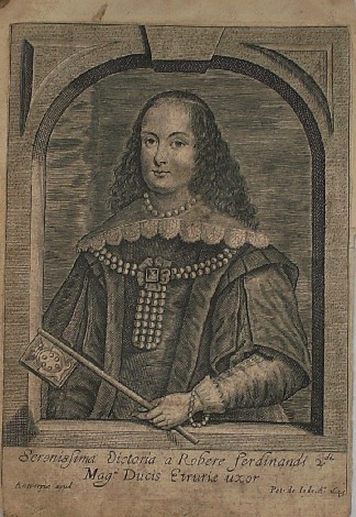 antique print (prent). - Serenissima Victoria a Robere Ferdinandi 2 di Magni Ducis Etruriae uxor. Verso: Ferdinandus II Medici.