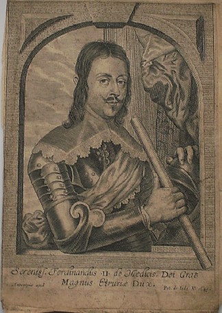 antique print (prent). - Serenissima Victoria a Robere Ferdinandi 2 di Magni Ducis Etruriae uxor. Verso: Ferdinandus II Medici.
