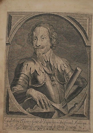 antique print (prent). - Illustrissimus princeps Ambrosius Spinola (..). Verso: Godefroy de Papenheim.