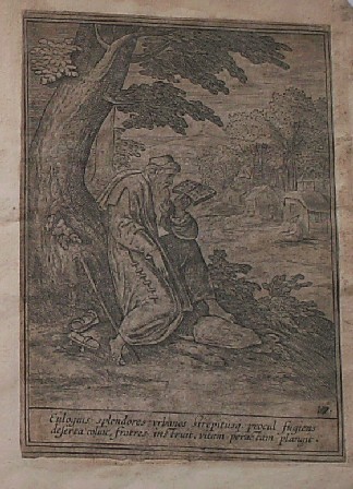 antique print (prent). - Eulogius splendores urbanos strepitusq. procul fugiens deserta colvit instruit, vitam (..). Verso: Apelles (..).