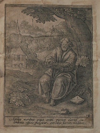antique print (prent). - Eulogius splendores urbanos strepitusq. procul fugiens deserta colvit instruit, vitam (..). Verso: Apelles (..).