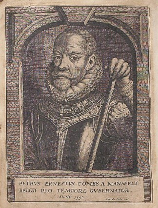 antique print (prent). - Petrus Ernestus comes a Mansfelt Belgii pro tempore gubernator anno 1592. Verso: Ludovicus Requesens (..).