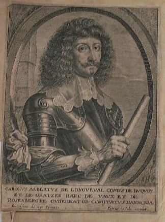 antique print (prent). - Carolus de Longueval (..). Verso: Carolus Albertus de Longueval.