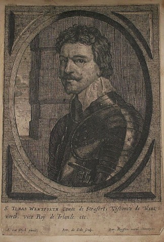 antique print (prent). - Sir Thomas Wentworth (..). Verso: Carnifex Majestatis Regis Angliae.