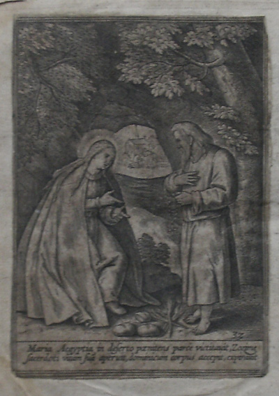 antique print (prent). - Guy de Dampierre (..). Verso: Maria Aegypta in deserto (..).