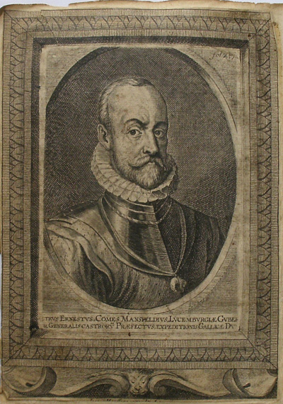 antique print (prent). - Chiappinius Vitellius Cetonae Marchio (..). Verso: Petrus Ernestus Comes Mansfeldius (..).