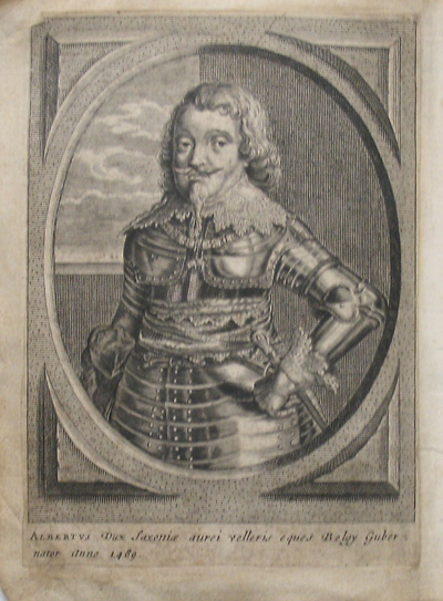 antique print (prent). - Albertus Dux Saconiaea (Albert of Saxony, Sachsen). Verso: Emanuel Philibertus.