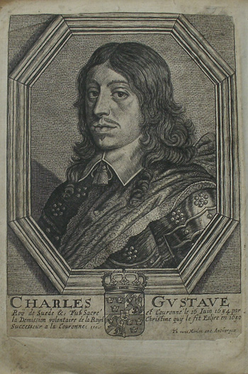 antique print (prent). - Charles Gustave Roy de Suede (Carl Gustav). Verso: Christina Regina Suecia.