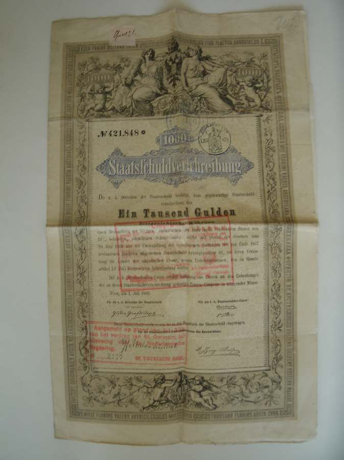 antique stock. aandeel. - 1000 gulden. Ein Tausend Gulden. Staatschuldverschreibung.
