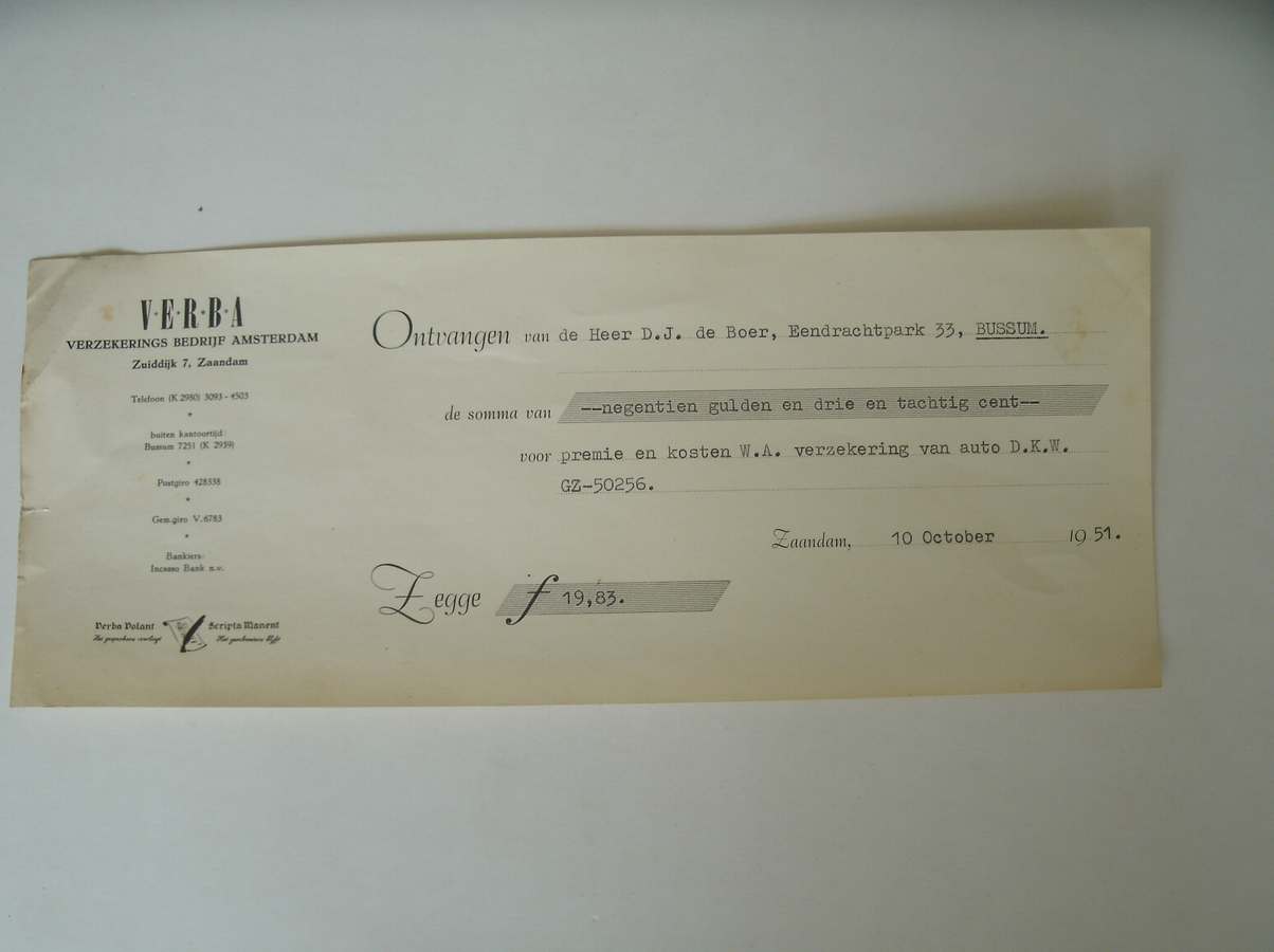 (genealogie) - (Verba) Ontvangen van de heer D.J. de Boer, Eendrachtpark 33, Bussum (..). premie en kosten...