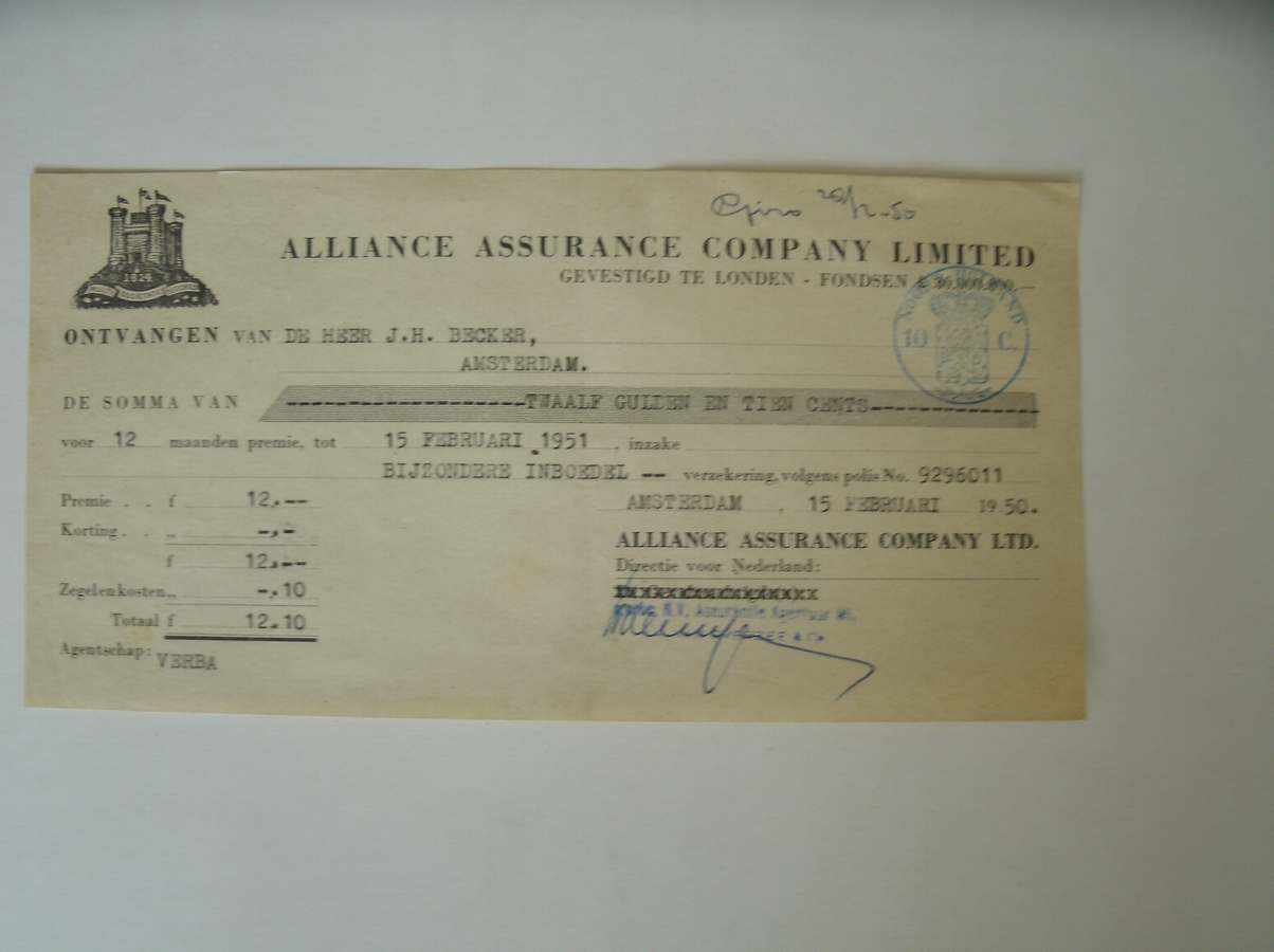 (genealogie) - (Alliance Assurance Company Limited) Ontvangen van de heer J.H. Becker, Amsterdam. Bijzondere Inboedel.