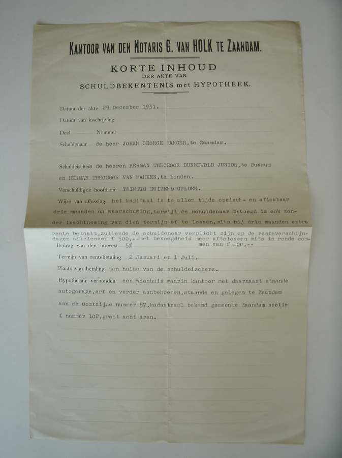 (genealogie) - Korte inhoud der akte van schuldbekentenis met hypotheek.