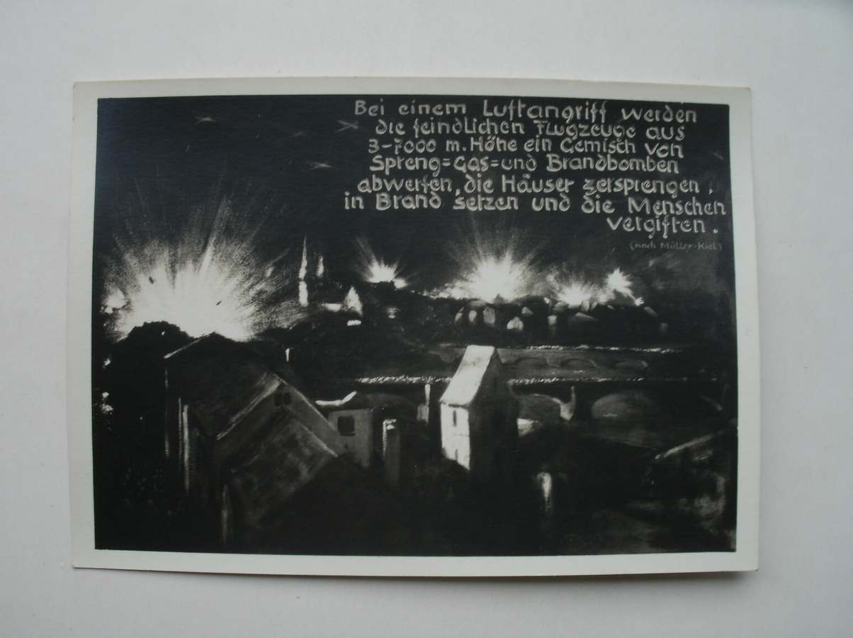 ansichtkaart. postcard. postkarte. - Bei einem Luftangriff werden die feindlichen Flugzeuge (..) die Hauser zersprengen, in Brand setzen (..).