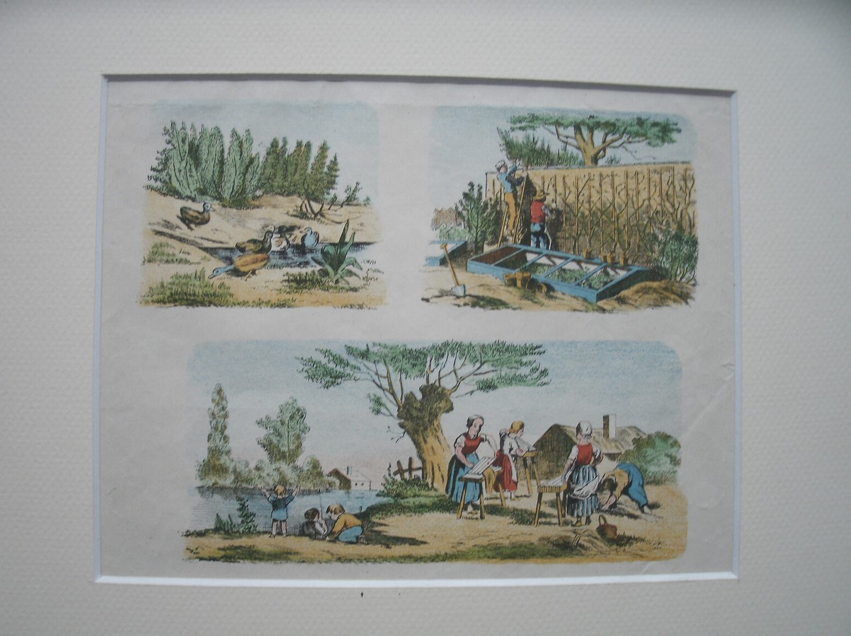 antique print (prent). - Vijver met eenden. Tuinieren. Vissende kinderen.