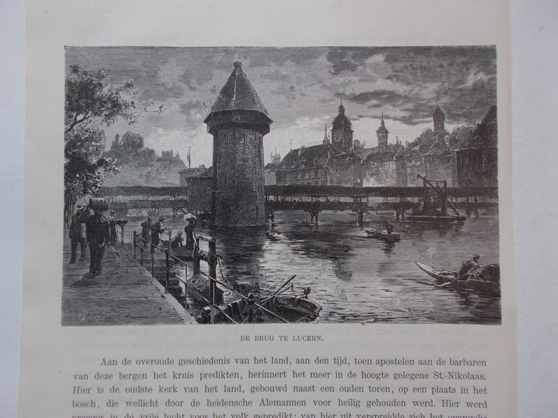 antique print (prent) - De brug te Luzern.
