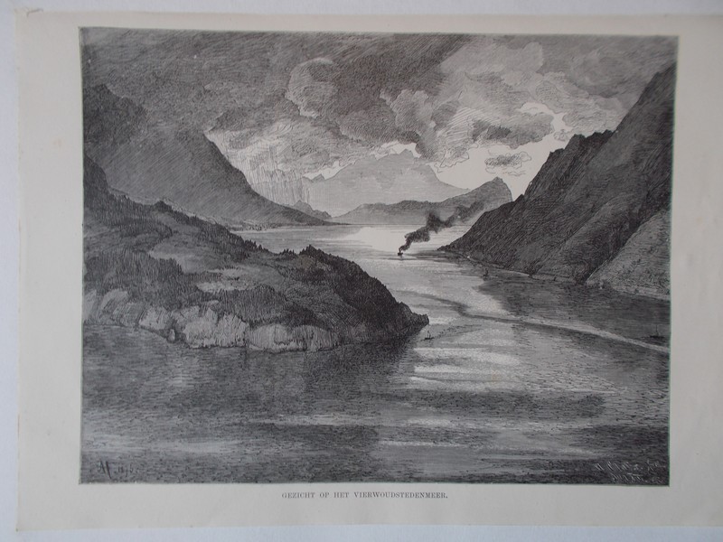antique print (prent) - Gezicht op het vierwoudstedenmeer (Vierwaldstattersee).