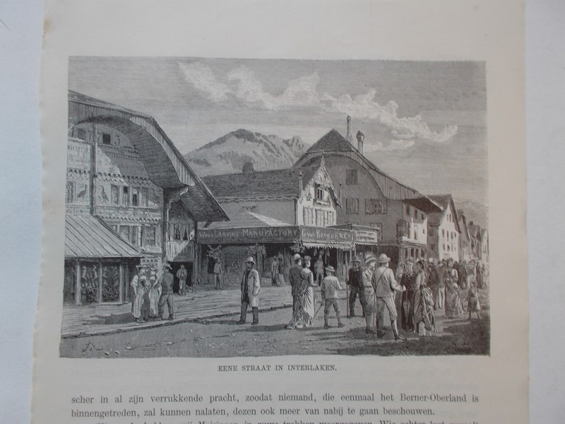 antique print (prent) - Eene straat in Interlaken.