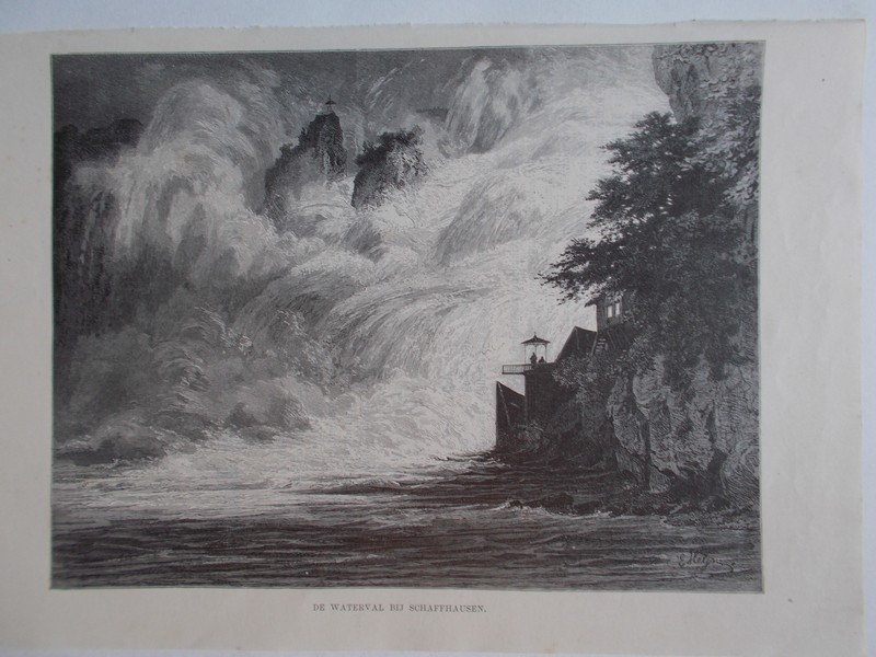 antique print (prent) - De waterval bij Schaffhausen.