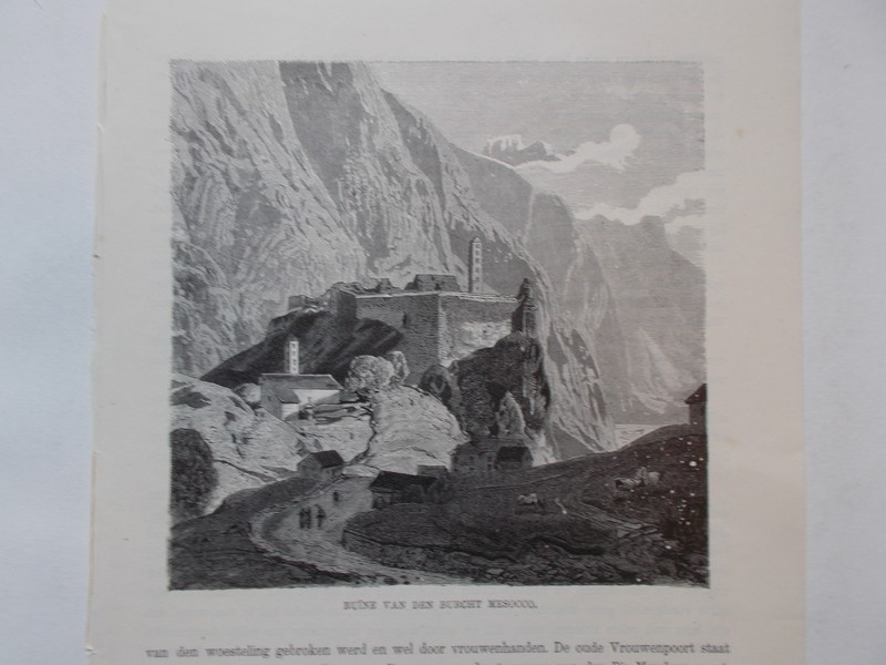 antique print (prent) - Ruine van den burcht Mescocco.