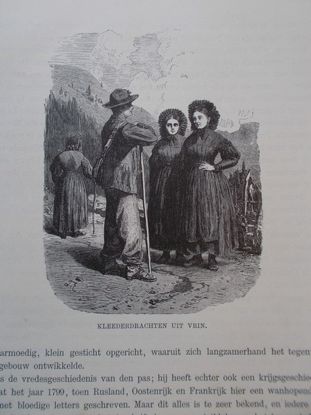 antique print (prent) - Klederdrachten uit Vrin. (Zwitserland).