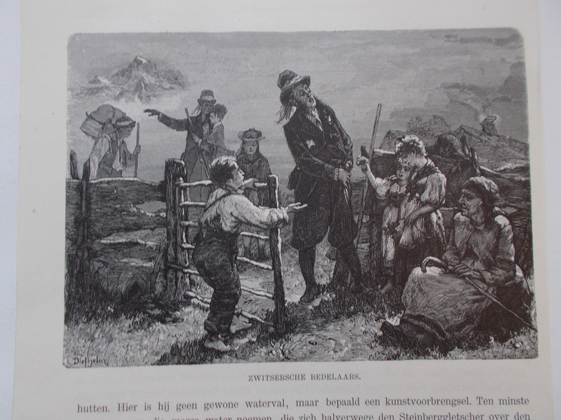 antique print (prent) - Zwitserse bedelaars. (Beggars).