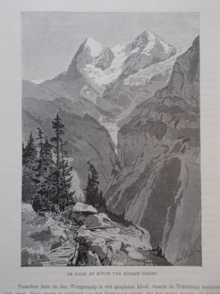 antique print (prent) - De Eiger en Munch van Murren gezien.