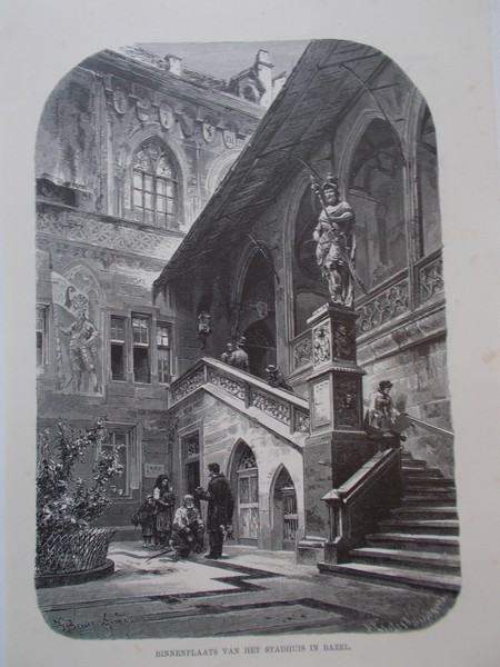 antique print (prent) - Binnenplaats van het stadhuis in Basel.