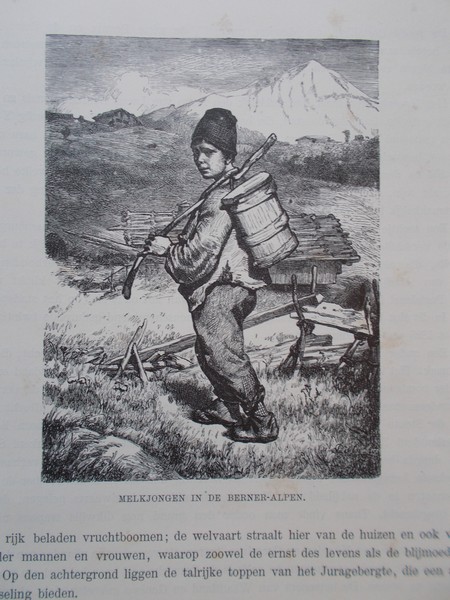 antique print (prent) - Melkjongen in de Berner-alpen.