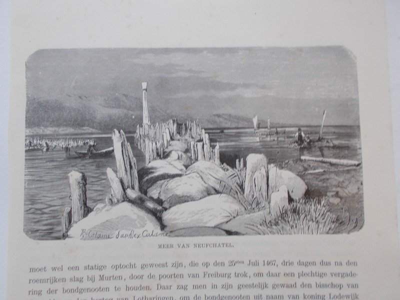 antique print (prent) - Meer van Neufchatel. (Neuchatel).