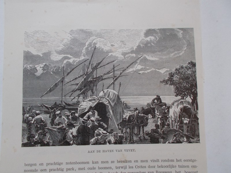antique print (prent) - Aan de haven van Vevey.