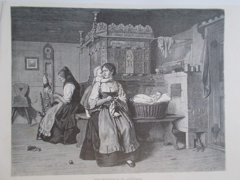 antique print (prent) - Een binnenhuis te Appenzell.