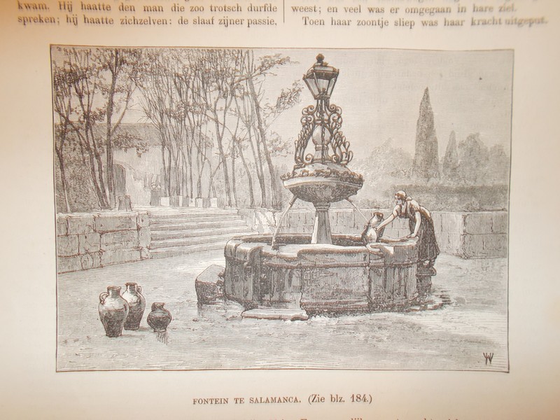 antique print (prent) - Fontein te Salamanca.