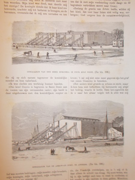 antique print (prent) - IJsmagazijn van den heer Burchell in Four Mile Point. IJsmagazijn van de Arrow-Ijs Comp. te Atthens.