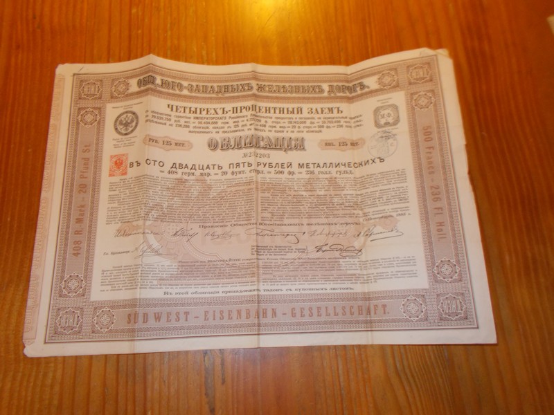 old stock. aandeel. - Sud West Eisenbahn Gesellschaft. 125 Rubel. 500 francs. 236 Fl. Holl. 4 % Anleihe.