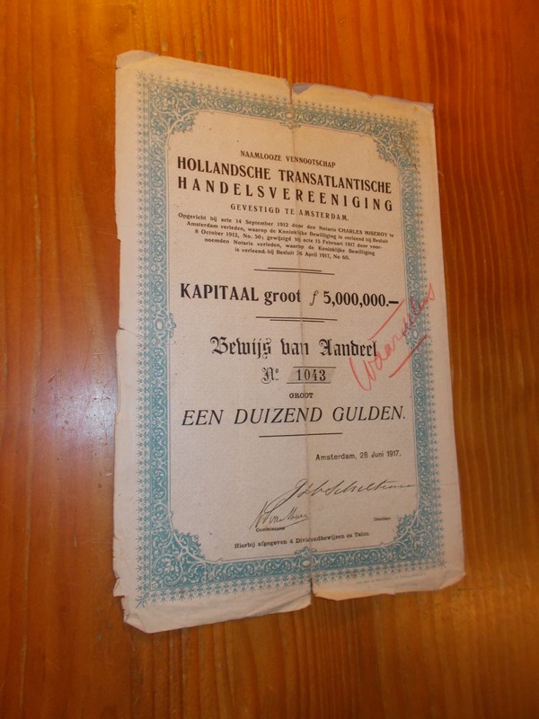 old stock. aandeel. - Hollandsche Transatlantische Handelsvereeniging. Bewijs van aandeel 1000 gulden.