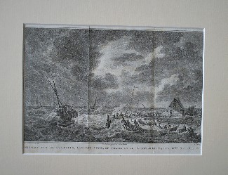 antique print. (prent). - (Texel). Gezicht van de Dijkbreuk, aan den douk op Texel; in de overstrooming, den 15den november 1775.